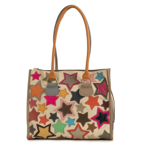 Alive With Style 'Star Crossed Lover' Leather Tote/Shoulder Bag by Sassy Duck in Multi Black-Multi Beige