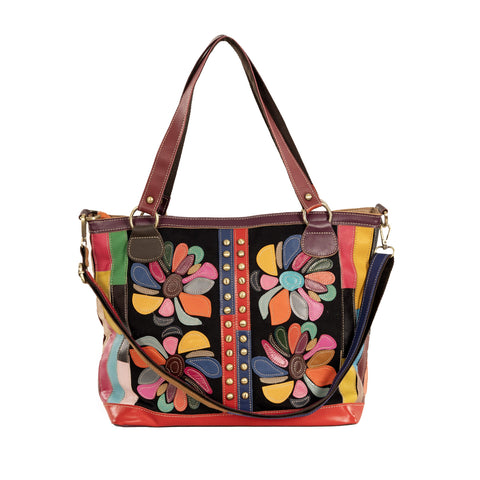 Alive With Style 'Botanica' Leather/Canvas Tote/Shoulder Bag by Sassy Duck in Black/Multi